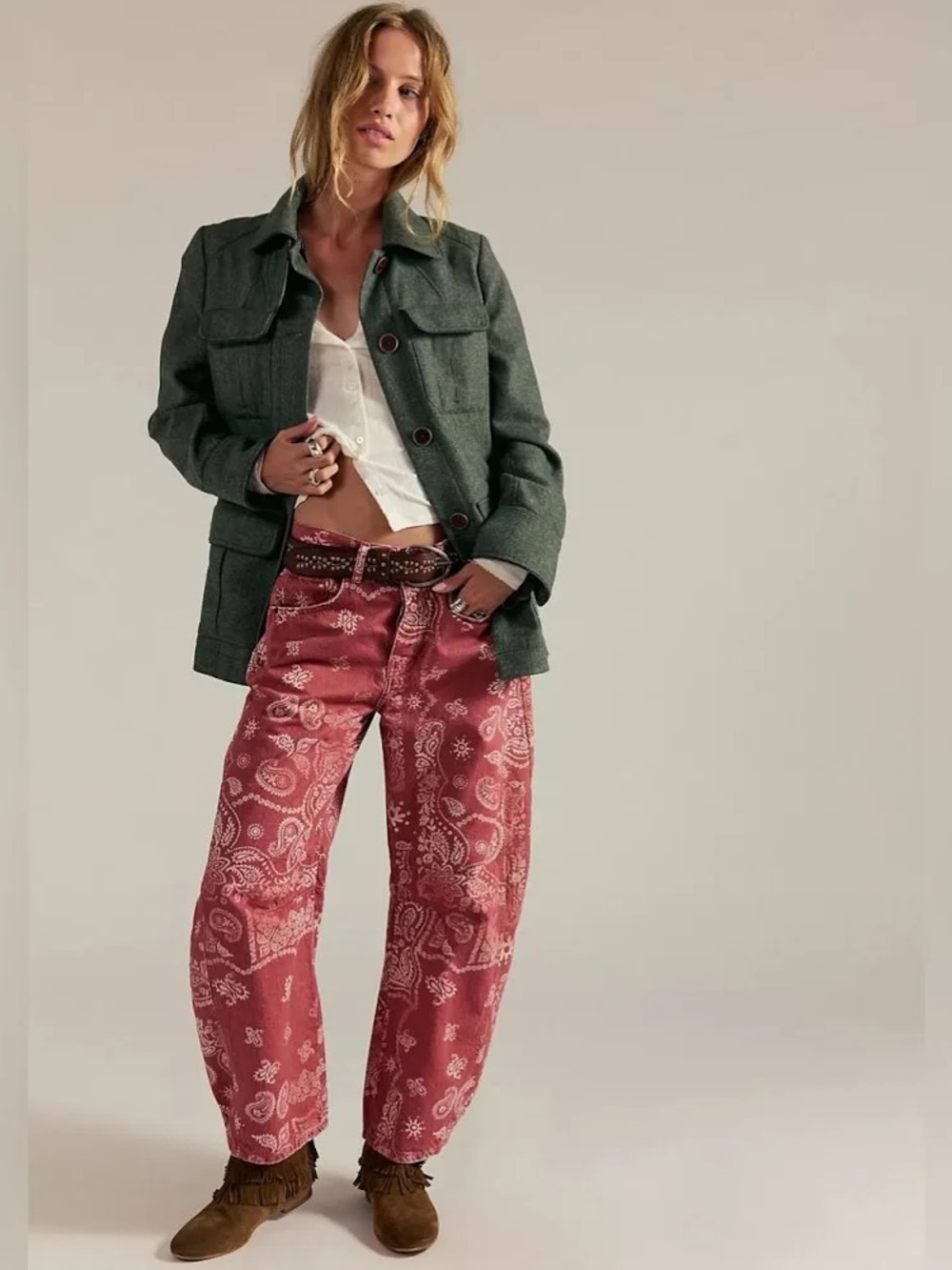 We The Free Good Luck Barrel Jeans Paisley Print Red